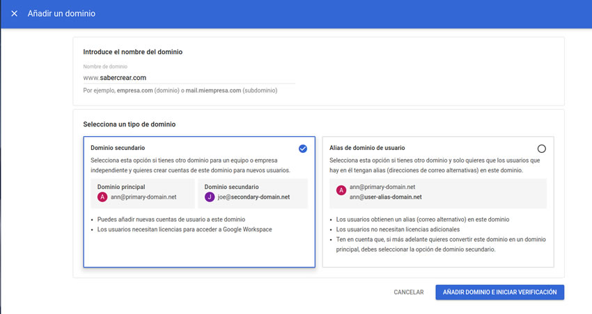 añadir dominio google workspace