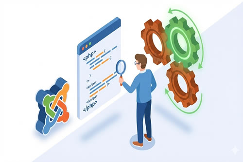 ilustración de un personaje verificando código php entre Joomla y unas ruedas dentadas de colores