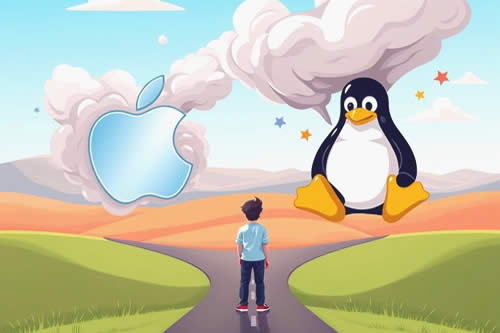 ilustración con persona dudando entre mac o linux