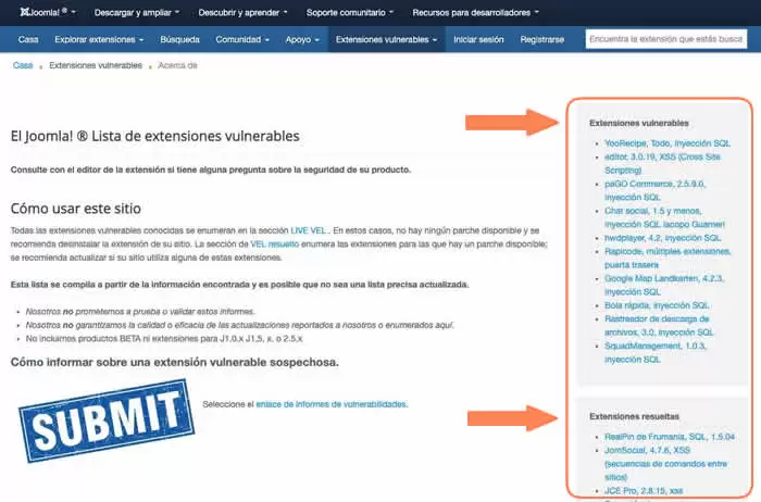 extensiones vulnerables en la página oficial de joomla