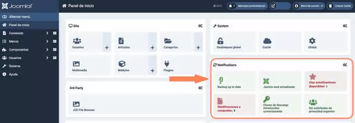 centro de notificaciones en el backend de Joomla